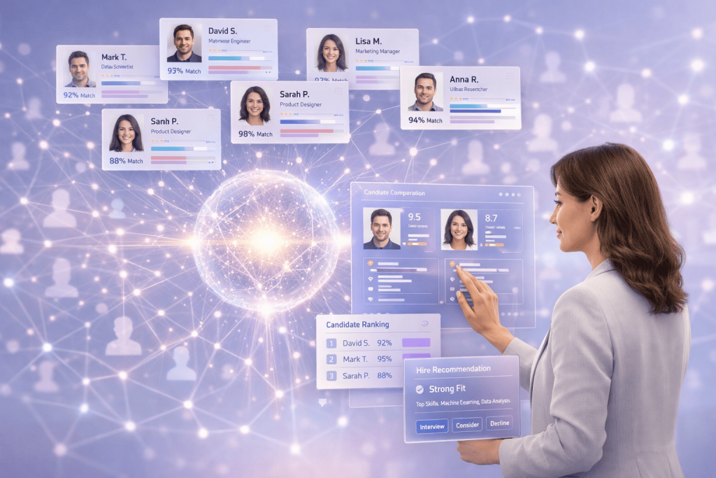 AI recruitment software displaying candidate evaluation, scoring, and hiring recommendations.