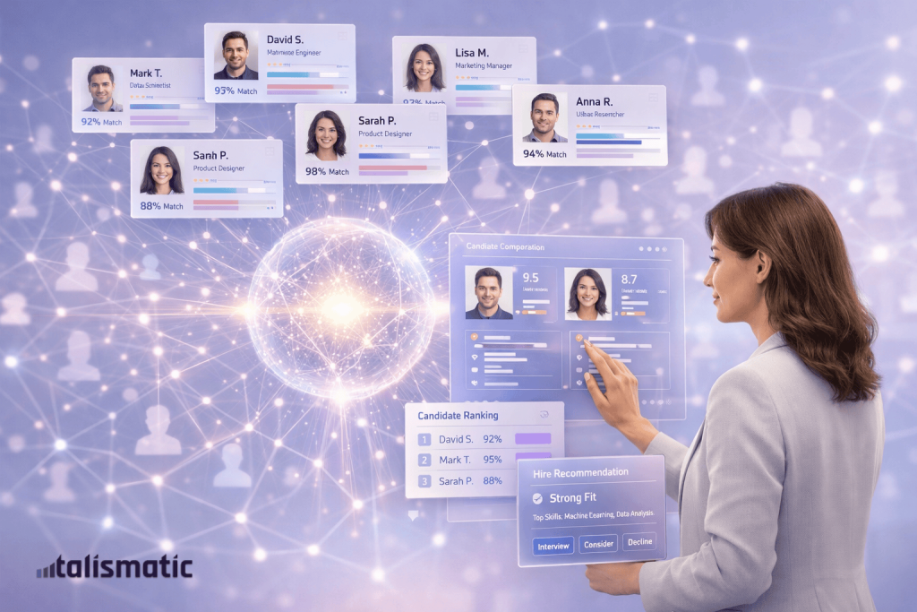AI recruitment software displaying candidate evaluation, scoring, and hiring recommendations.