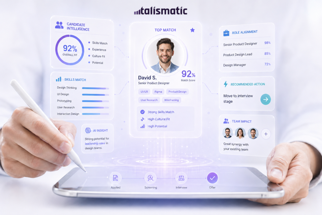 AI-powered recruitment dashboard showing candidate intelligence, skills matching, and hiring recommendations on a tablet interface.