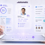 AI-powered recruitment dashboard showing candidate intelligence, skills matching, and hiring recommendations on a tablet interface.