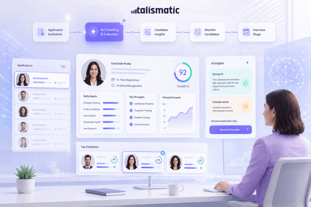 Futuristic light-themed recruiter dashboard showing AI-powered candidate screening and evaluation workflow, with candidate profiles, fit scores, insights panels, and shortlist recommendations guiding decisions before the interview stage.