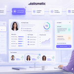 Futuristic light-themed recruiter dashboard showing AI-powered candidate screening and evaluation workflow, with candidate profiles, fit scores, insights panels, and shortlist recommendations guiding decisions before the interview stage.