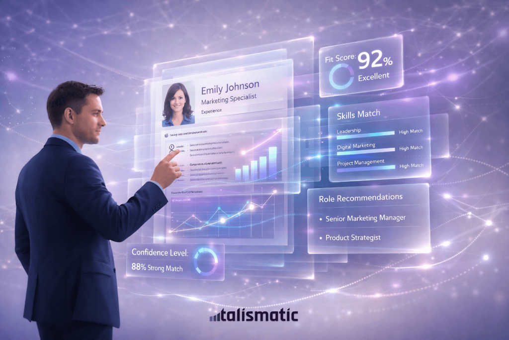 AI-powered candidate screening interface showing resume transformed into data-driven hiring insights, skill analysis, and fitment scores with a recruiter interacting.