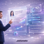 AI-powered candidate screening interface showing resume transformed into data-driven hiring insights, skill analysis, and fitment scores with a recruiter interacting.