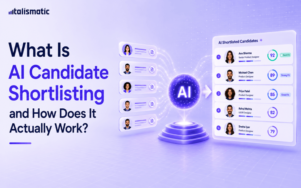 AI candidate shortlisting dashboard with futuristic recruitment workflow visualization.