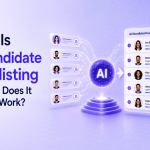 AI candidate shortlisting dashboard with futuristic recruitment workflow visualization.