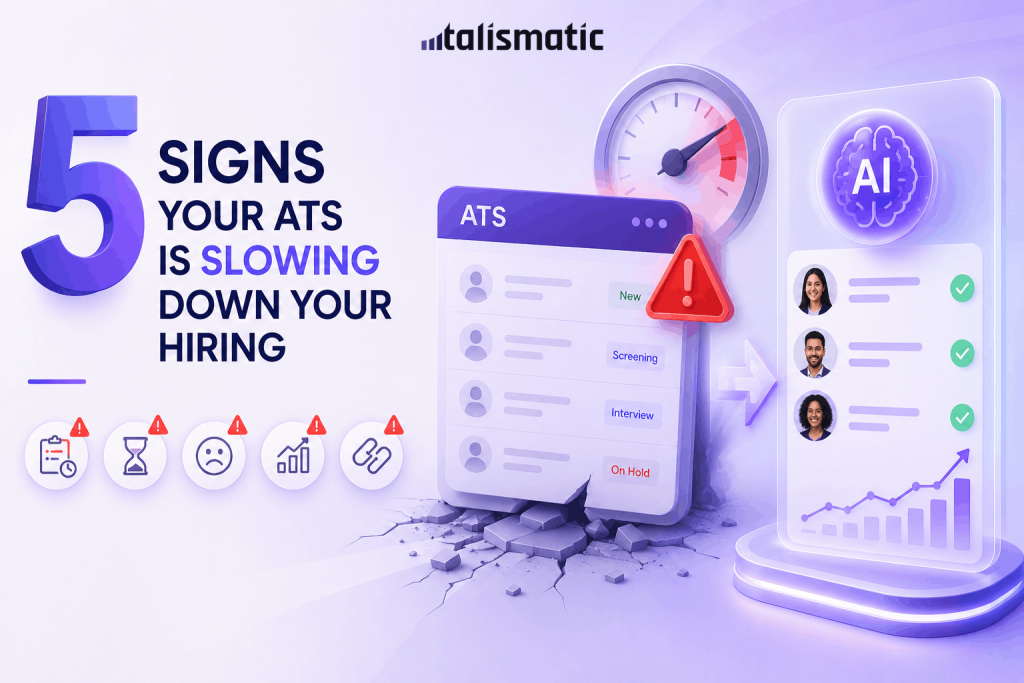 Illustration of a slow ATS workflow being transformed by AI-powered hiring intelligence and automated candidate matching.