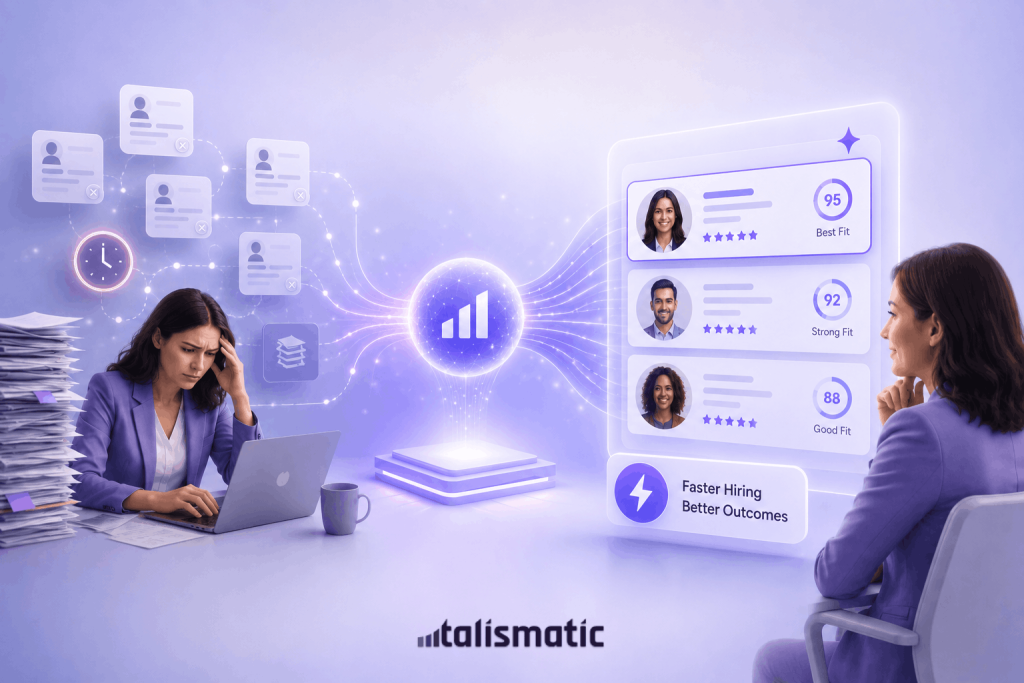Clean, futuristic illustration showing the shift from manual hiring to AI-powered decision-making: a stressed recruiter reviewing resumes on the left, a glowing AI intelligence core in the center, and a modern dashboard with ranked candidates and fit scores on the right, in soft purple tones.