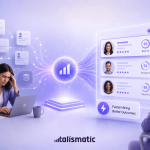 Clean, futuristic illustration showing the shift from manual hiring to AI-powered decision-making: a stressed recruiter reviewing resumes on the left, a glowing AI intelligence core in the center, and a modern dashboard with ranked candidates and fit scores on the right, in soft purple tones.