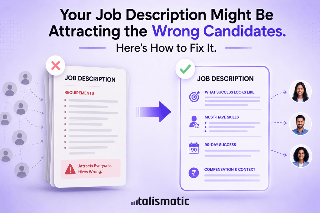 Illustration comparing a poorly written job description that attracts unqualified applicants with a structured, outcome-focused job description that attracts better-fit candidates.